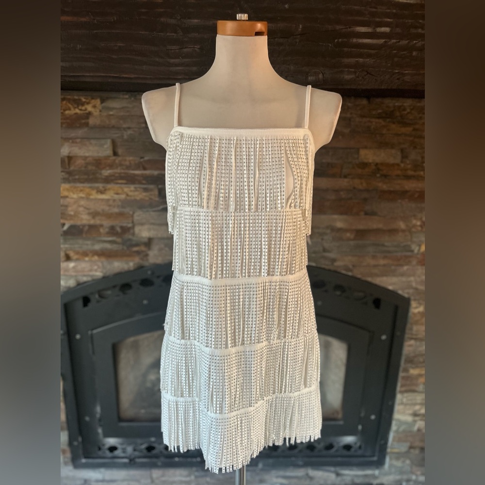 TCEC Spaghetti Strap Embellished Tiered Fringe Dress White Large